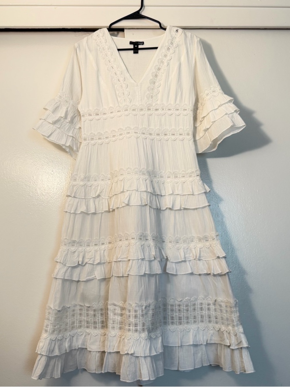 Aqua White Tiered Lace-Trim Midi Dress